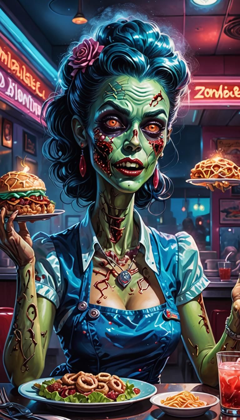 Zombie Pin-Up Waitress Serving Brains in Cosmic Style