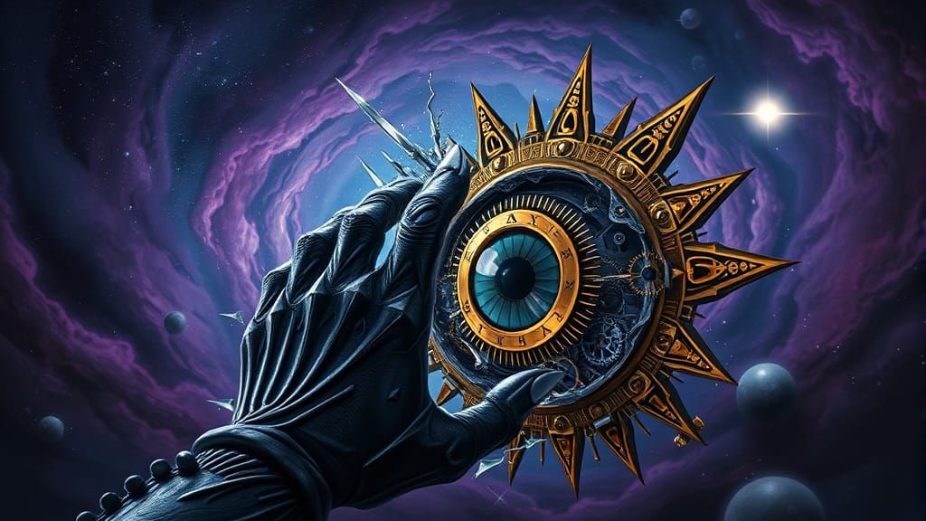 Obsidian Hand Shatters Clockwork Eye in Cosmic Art