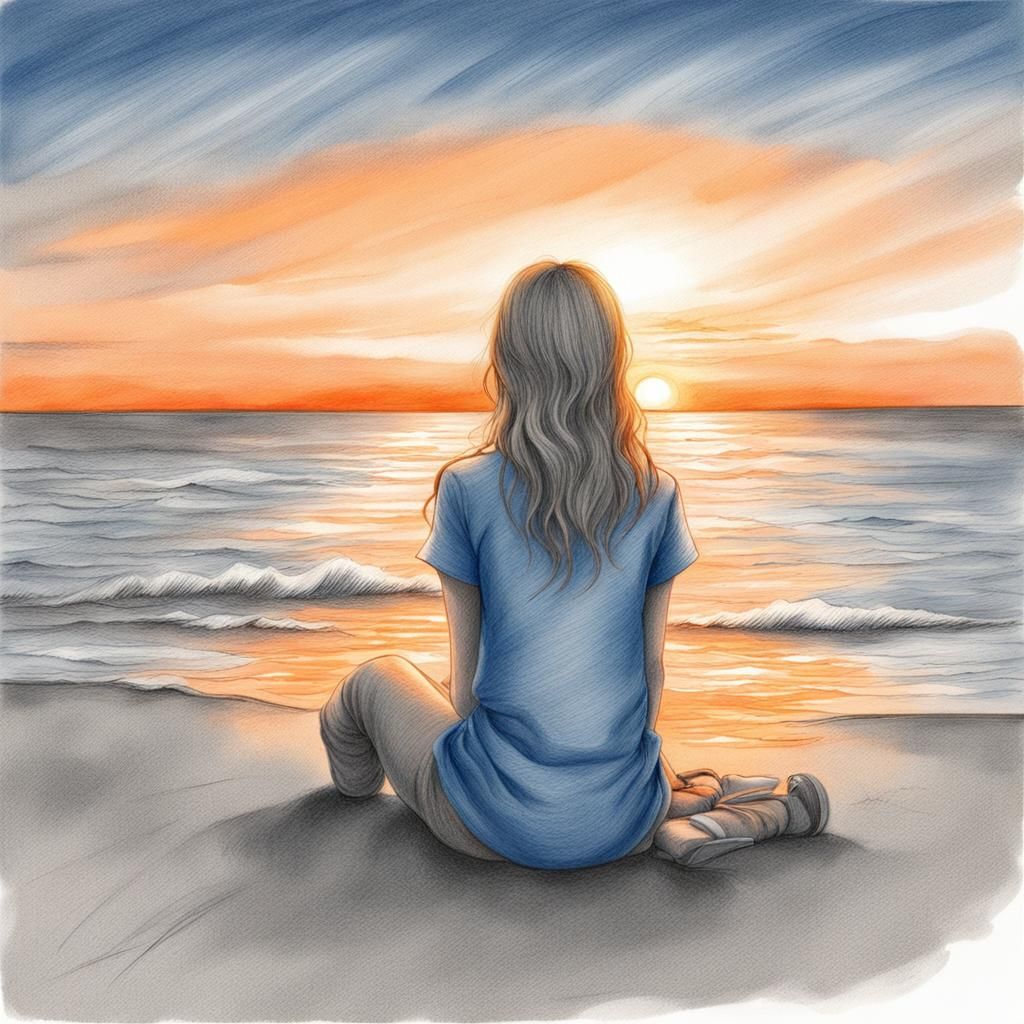 Girl Watching Sunset: Pencil Drawing on the Beach