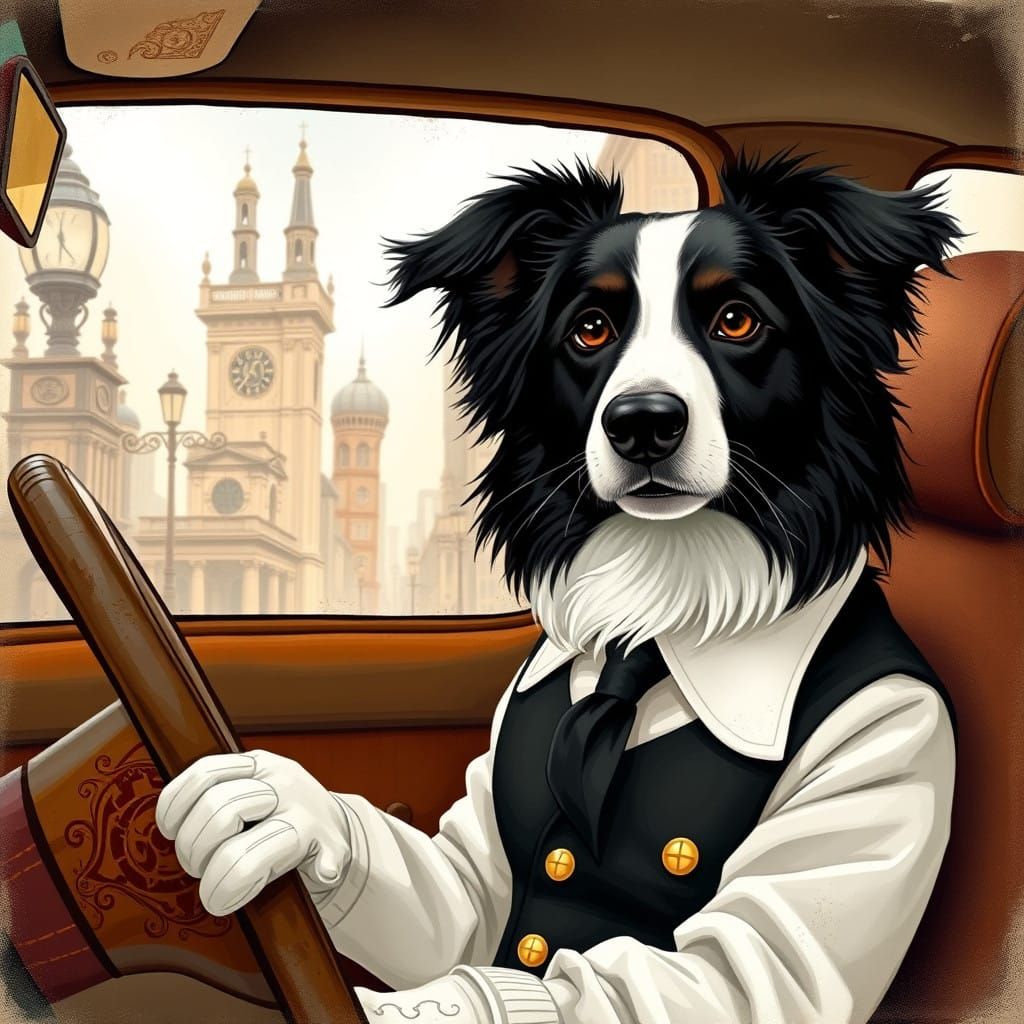 Steampunk Canine Chauffeur in Whimsical Cityscape