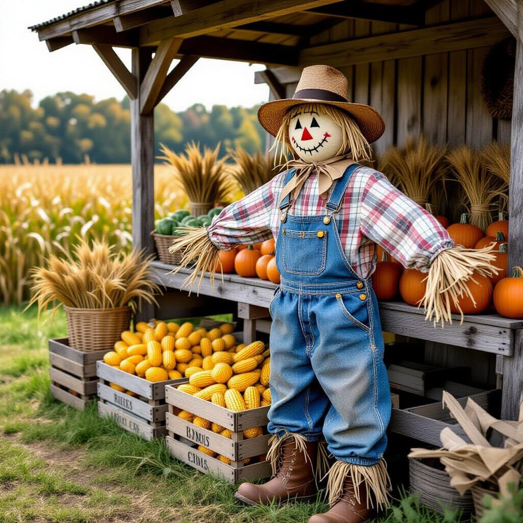 scarecrow in overalls and boots by farmstand
