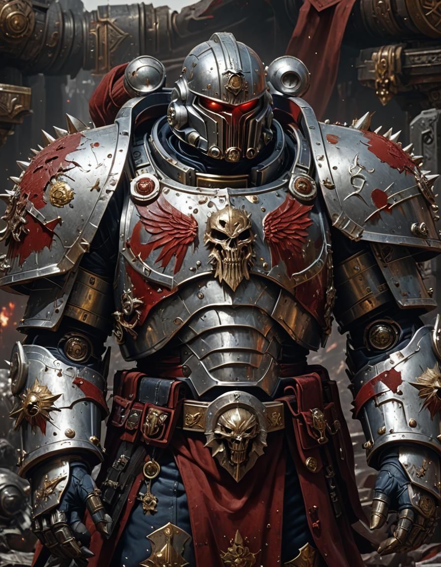 Warhammer Space Marine in Silver Armor, Dark Fantasy Art