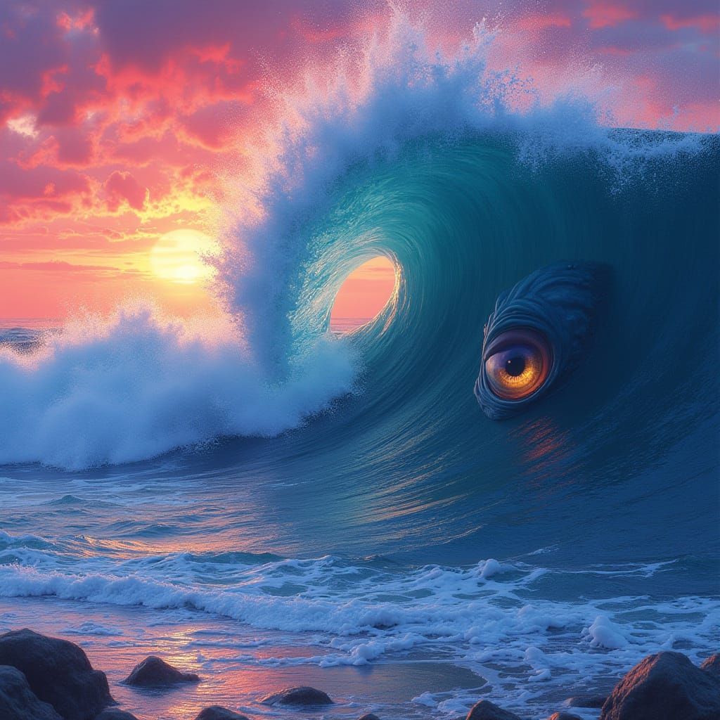 Majestic Sunset Ocean Waves with Hidden Creature