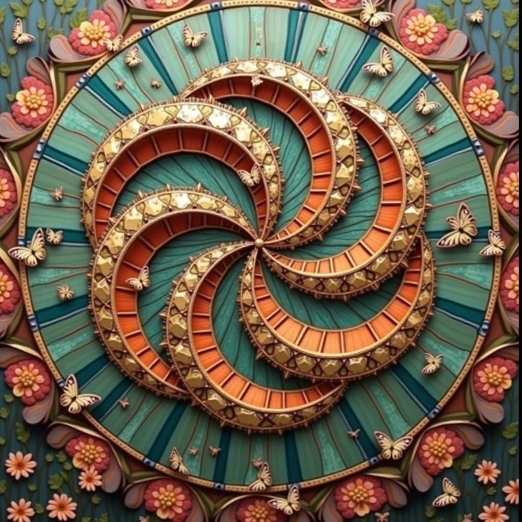 Art Nouveau Butterflies Over Blooming Flowers