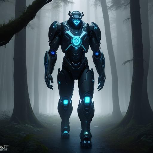 Cyberorganic Gorilla-Robot in Misty Forest
