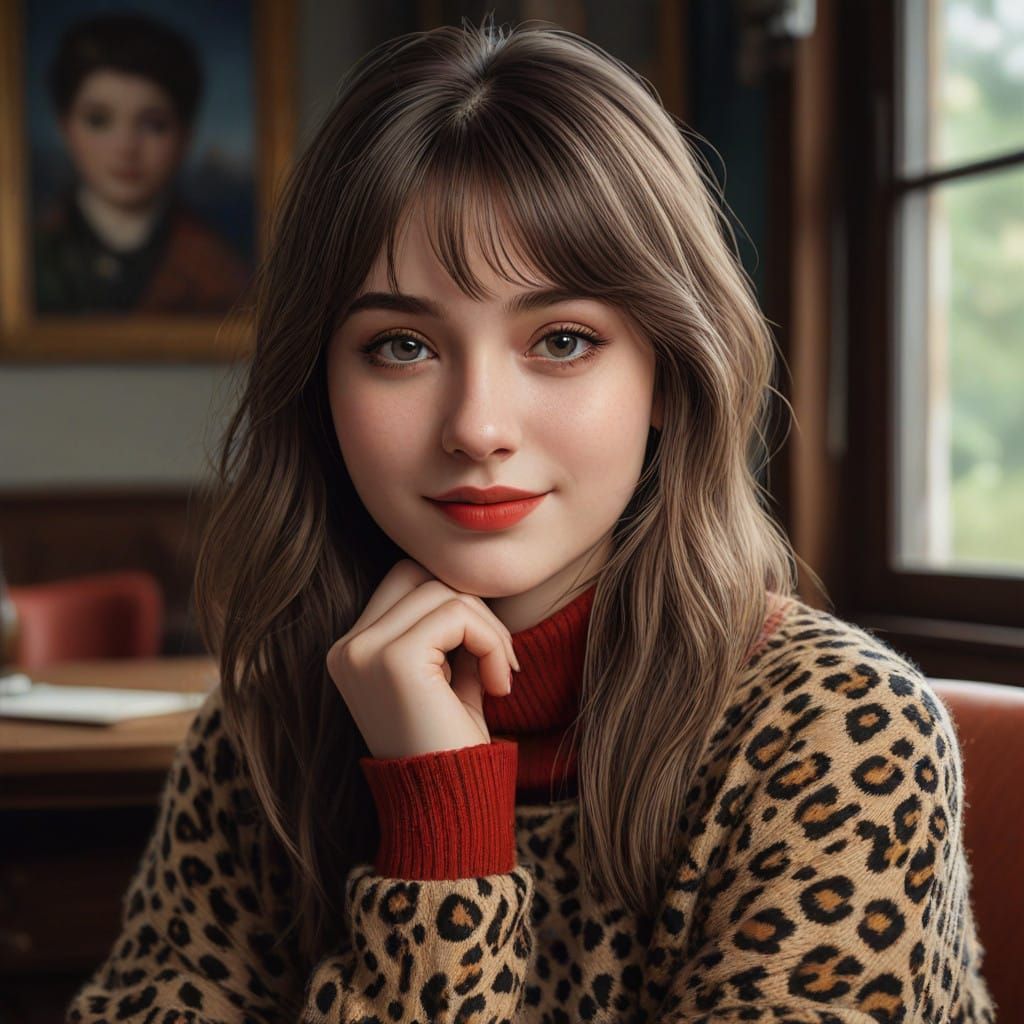 Fantasy Girl in Cozy Waiting Room with Leopard Print and She...