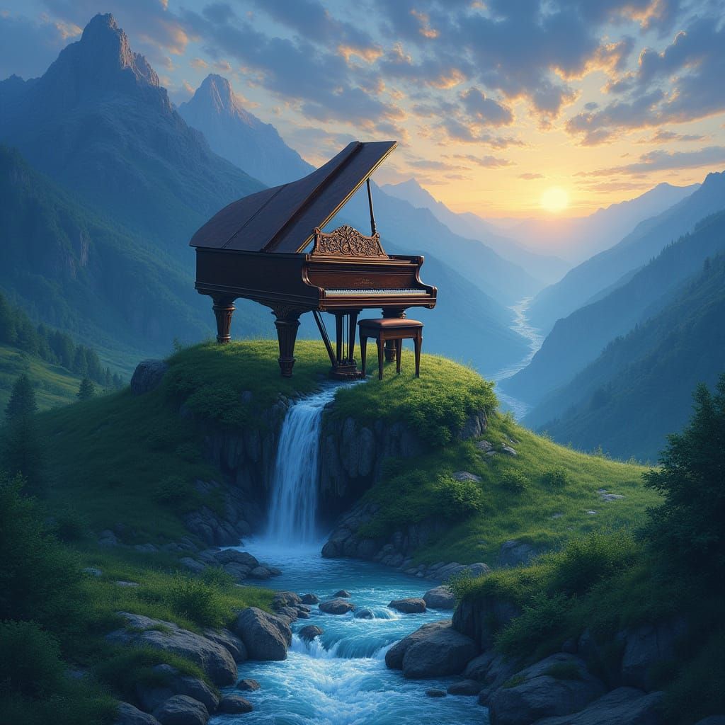 Grand Piano Waterfall Oasis in Whimsical Landscape