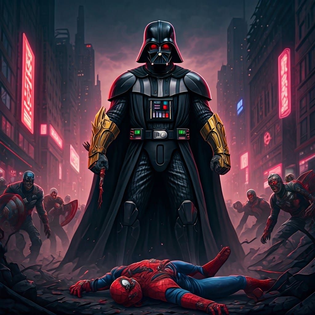 Darth Vader vs Marvel Zombies in Cyberpunk Wasteland
