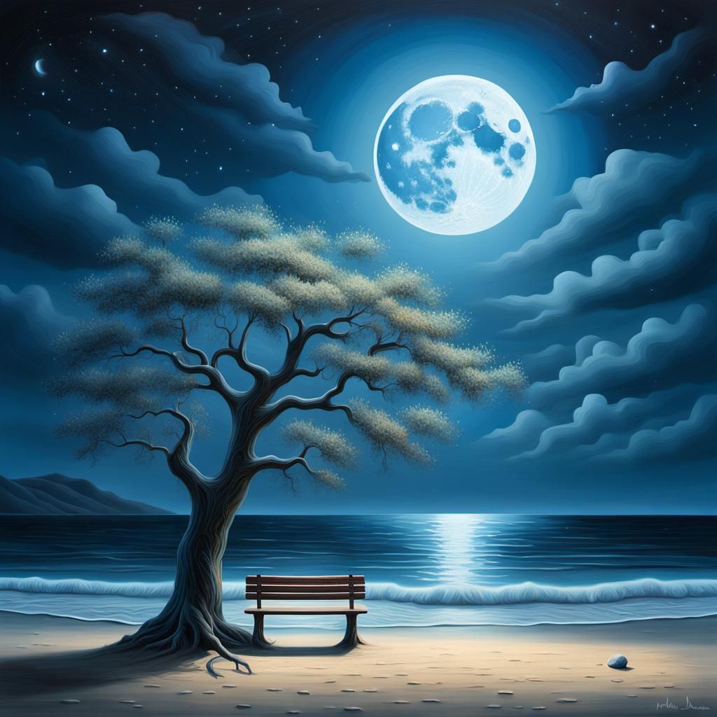 Moonlit Beach with T-Branch Tree: A Surrealist Oil Painting