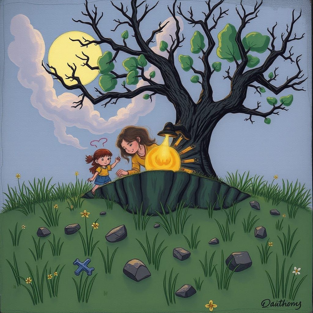 Family Connects with the Earth in Whimsical Fantasy Scene