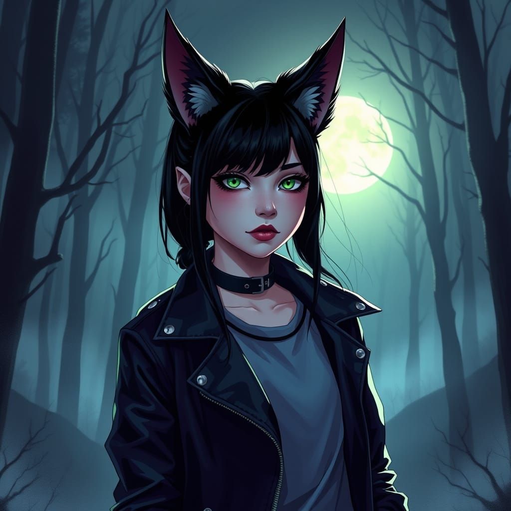 Goth Teen Girl Embracing Mystical Forest in Cyberpunk Aesthe...