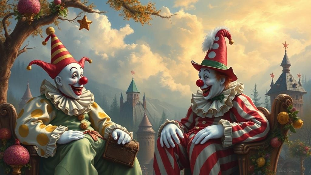 Whimsical Clown Scene in Thomas Kinkade Style