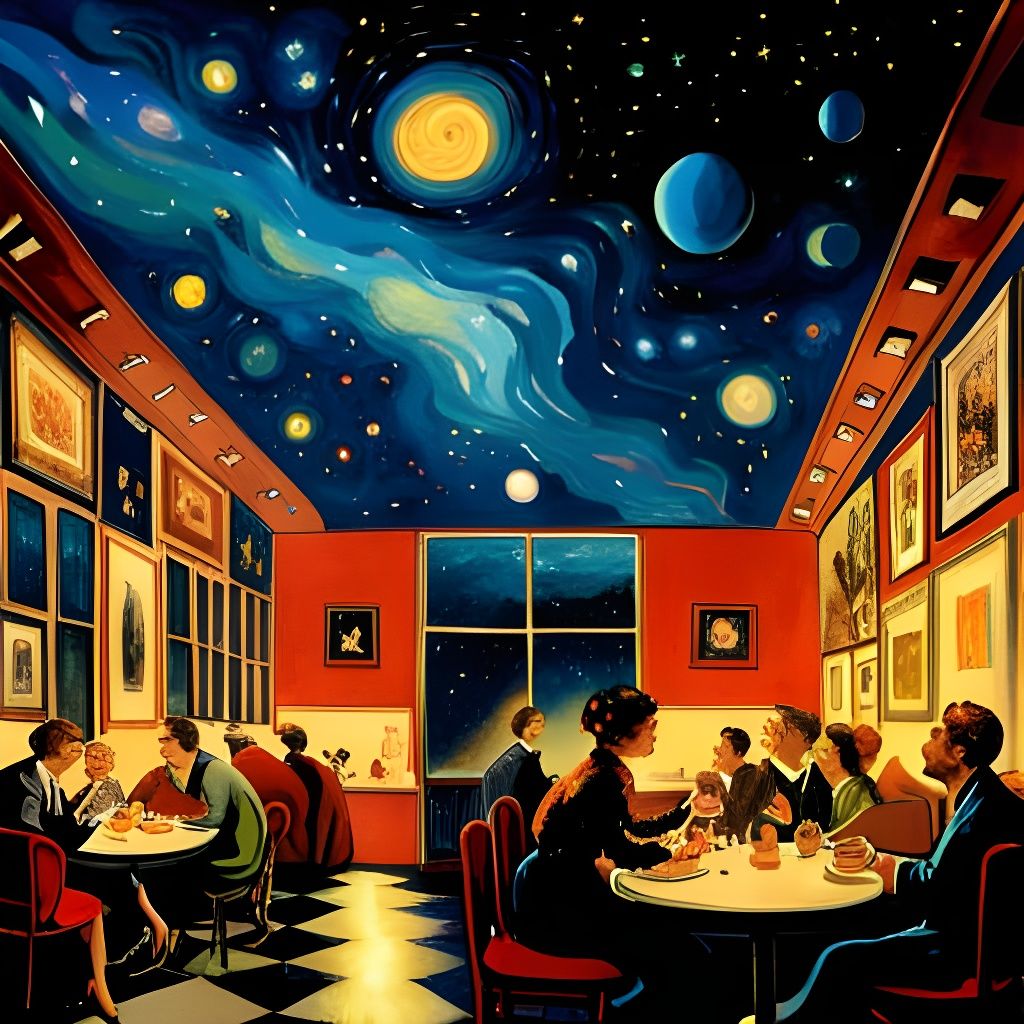 Whimsical Night Cafe with Glowing Stars, Art Nouveau