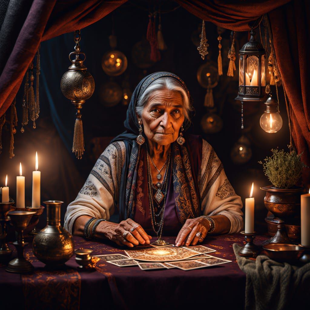 Mystical Fortune Teller Portrait in Ornate Tent
