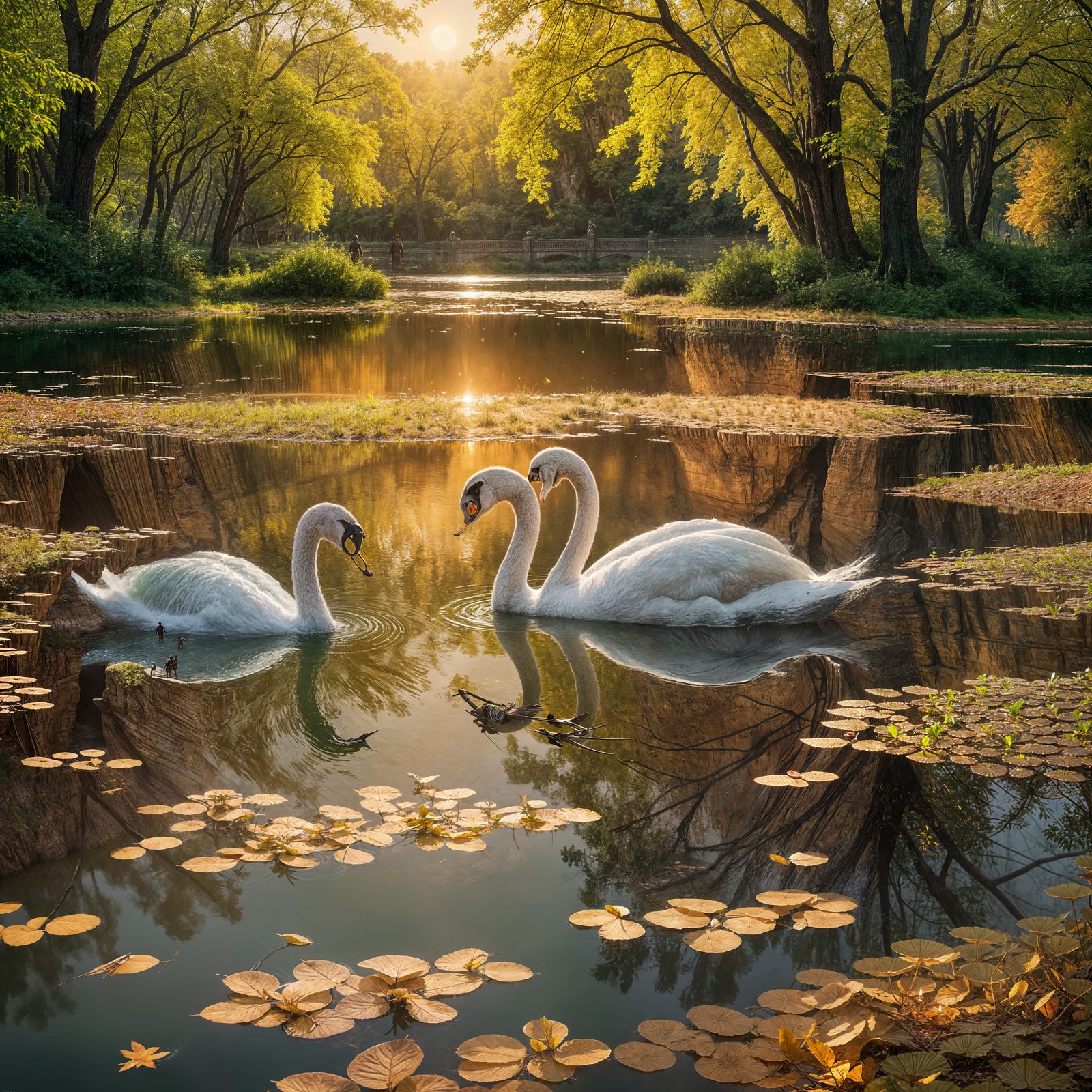 Swans on Pond at Sunset: Matte Painting