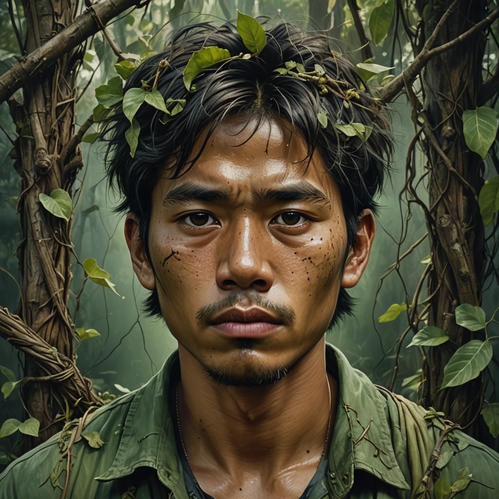 Eerie Portrait of Filipino Man Covered in Vines