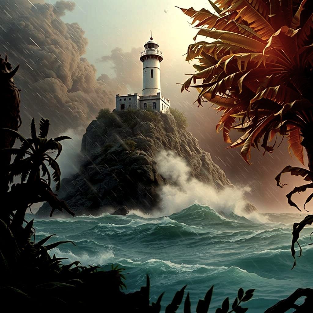 Tropical Seascape with Majestic White Lighthouse