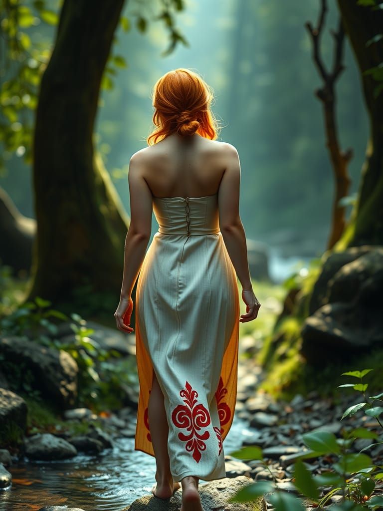 Ethereal Fantasy Maiden Walks by a Serene Stream
