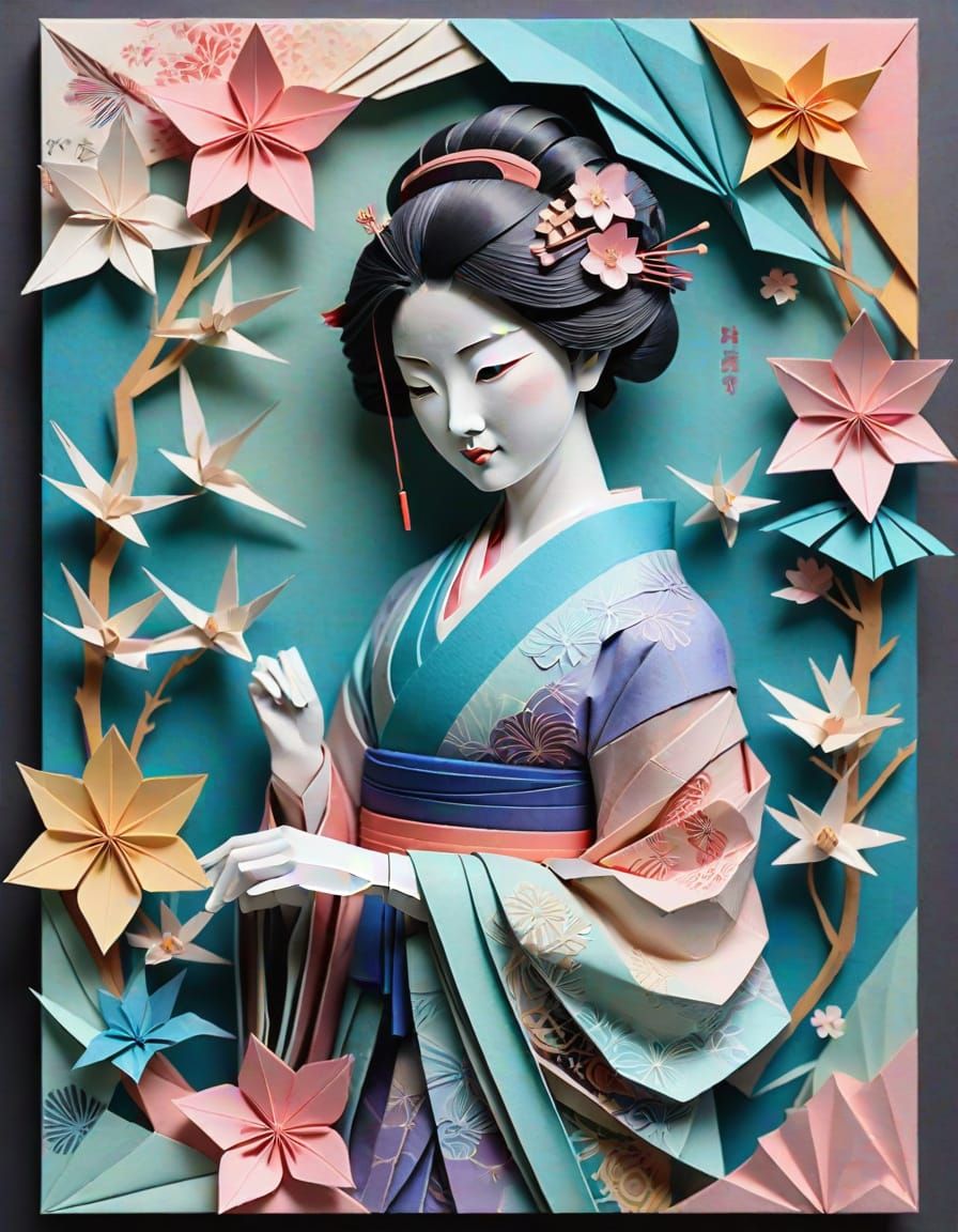 Exquisite Origami Geisha in Vibrant, Intricate Paper Art