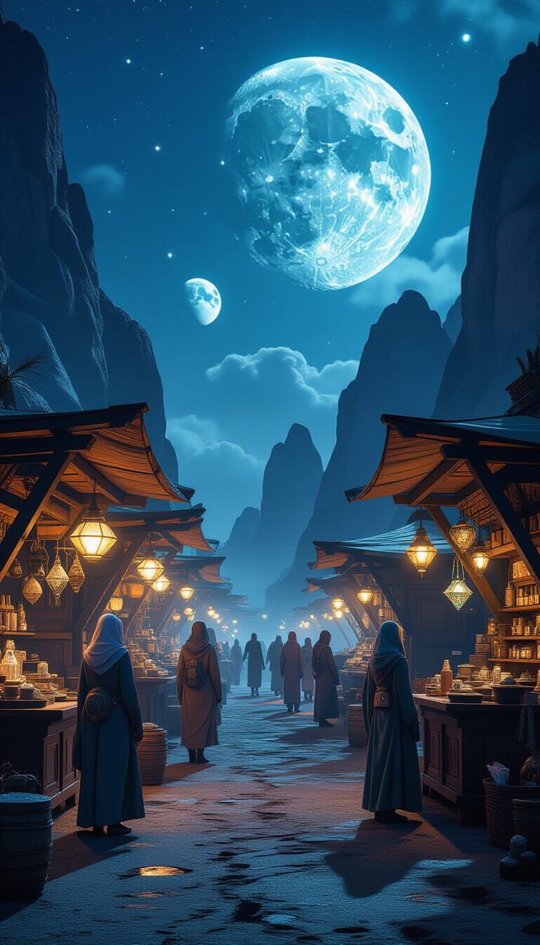 Alien Market Bazaar on Distant Moon in Photorealistic Style