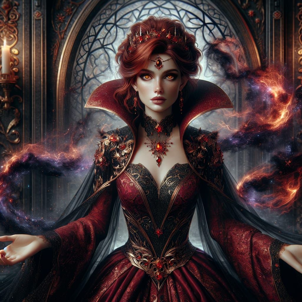 ethereal fiery red-haired amber eyed female elven wizard sta...