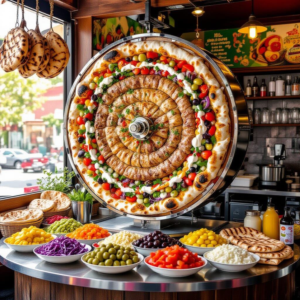 Vibrant Shawarma Meat Wheel with Salad Bar, Painterly Style