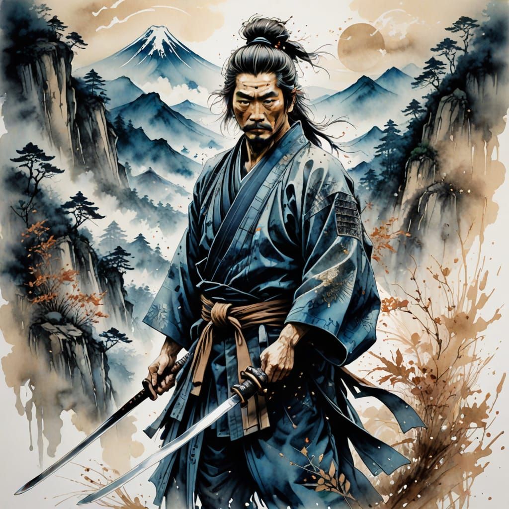 Ronin in Misty Mountains: A Dreamy Watercolor