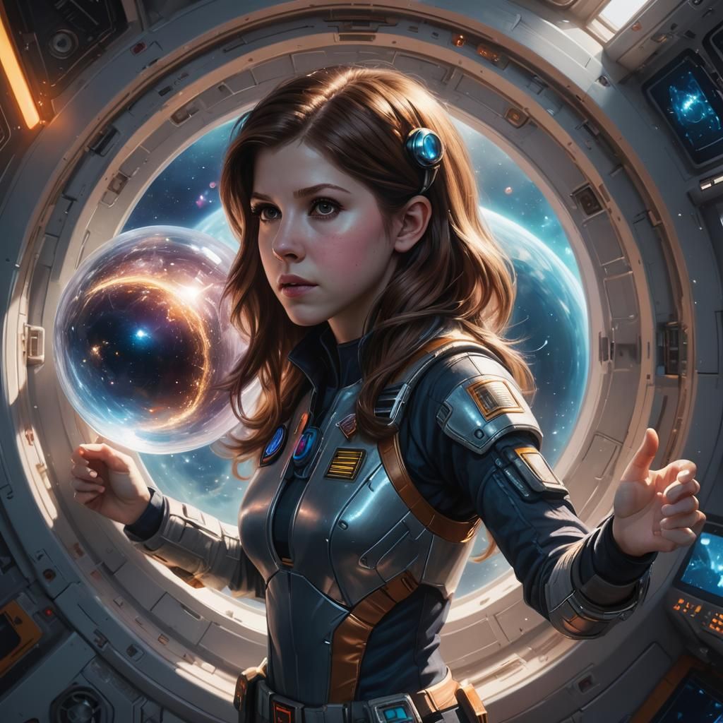 Anna Kendrick in Spaceship Holding Sci-Fi Orb