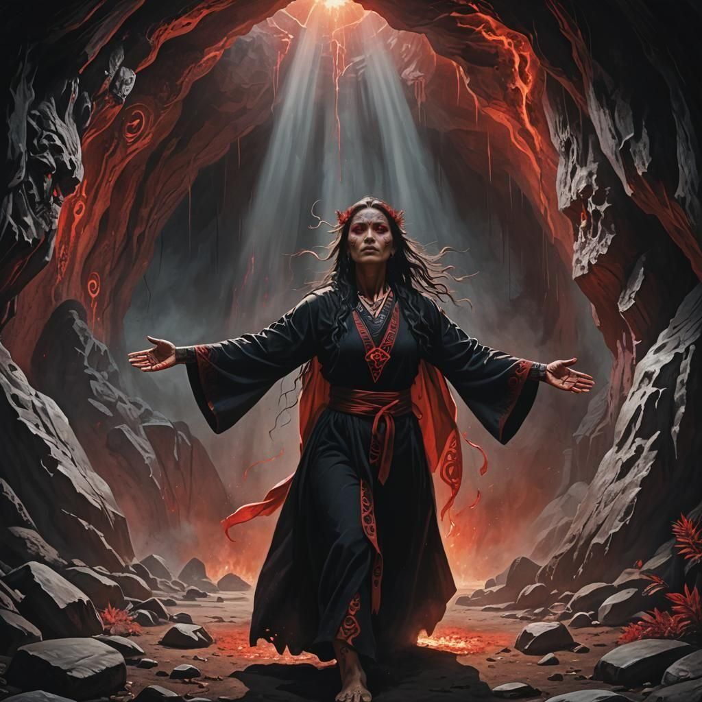 Māori Woman Enters Underworld Cave in Red Aura