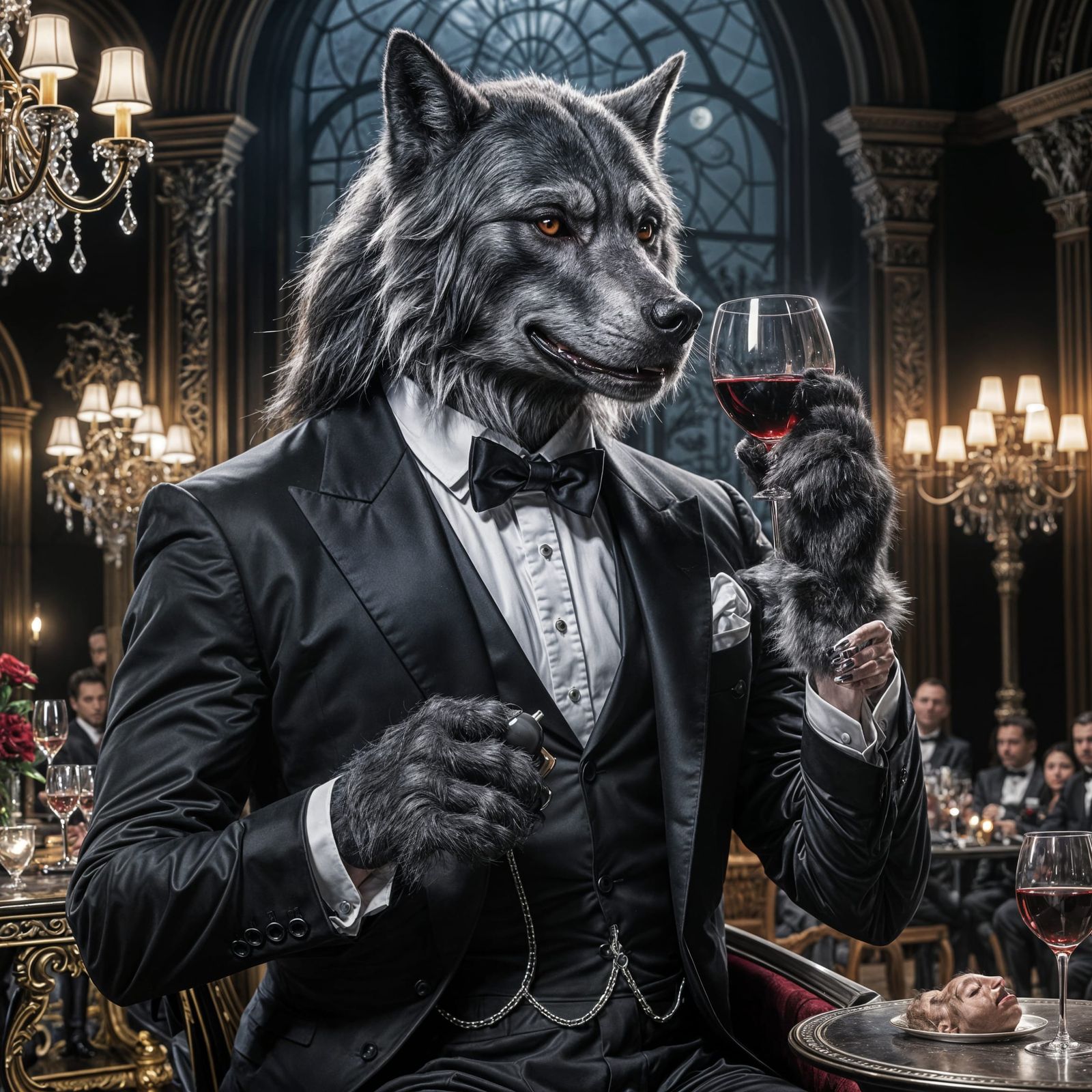 Werewolf in Tuxedo Sipping Wine by Moonlight
