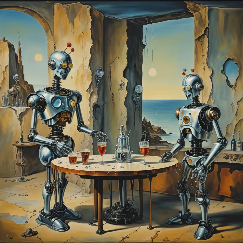 Robots at the Open Bar in Surrealist Style
