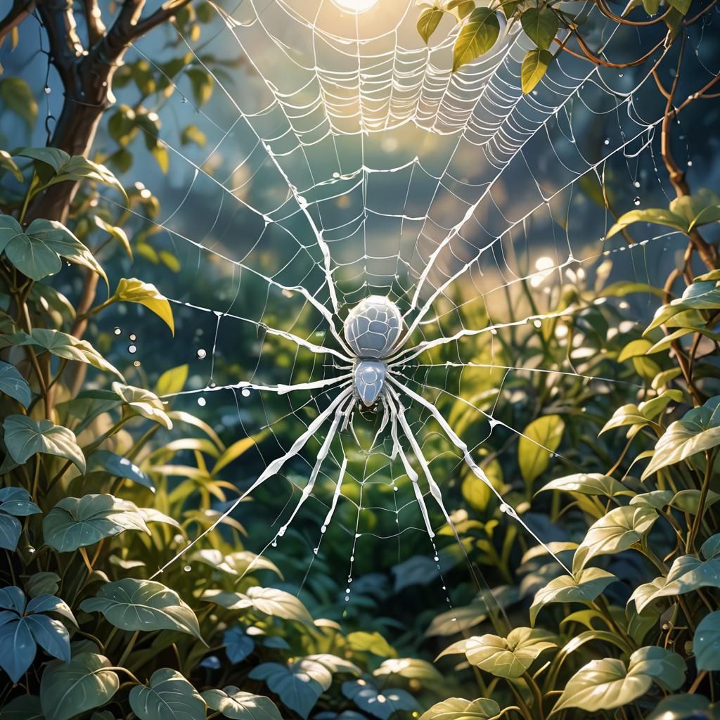 Cute White Spider in Web: Anime Illustration