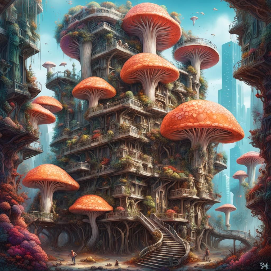 Solarpunk Arcology of Engineered Mushrooms and Coral