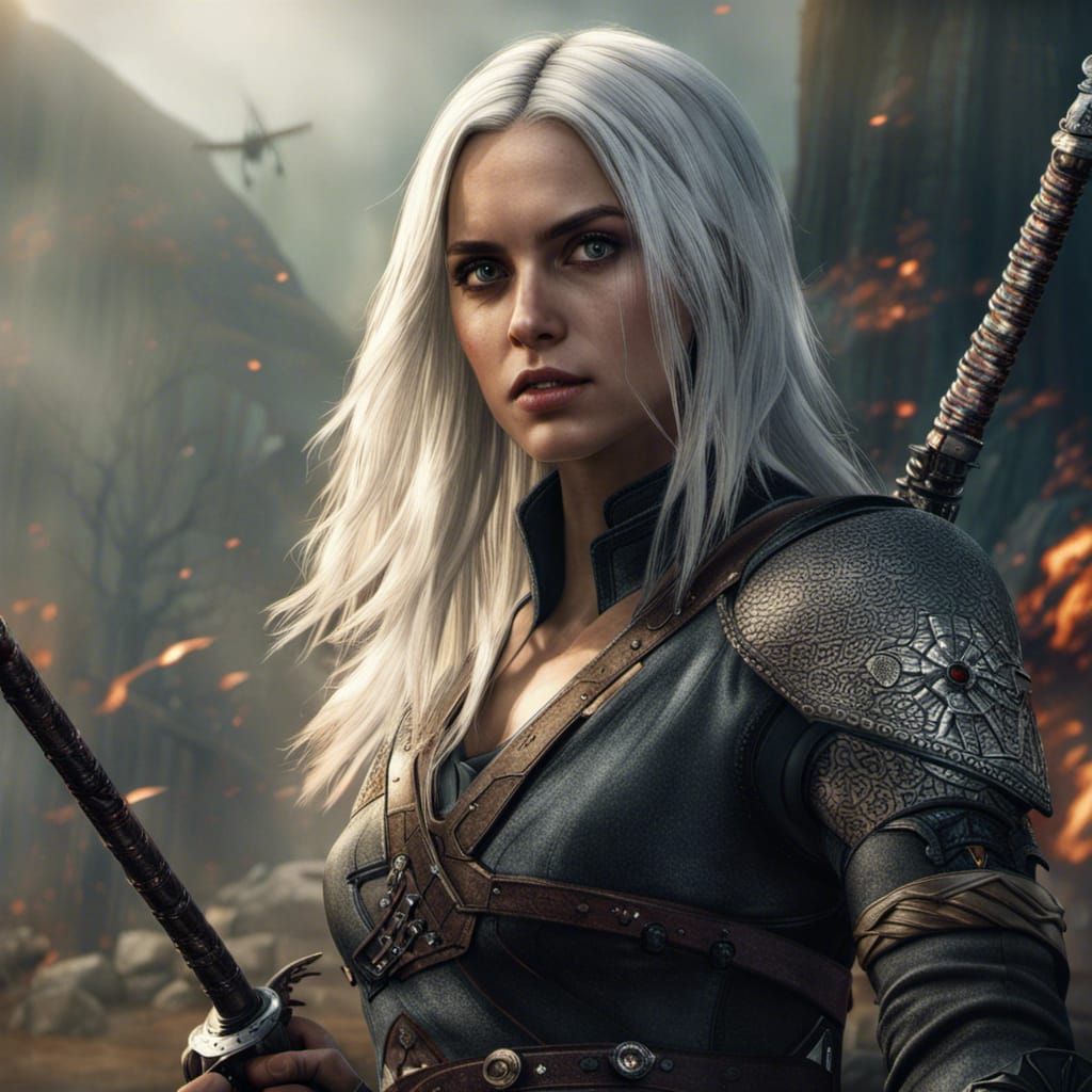 Young Witcher Woman Fighting Monsters in Detailed Painting