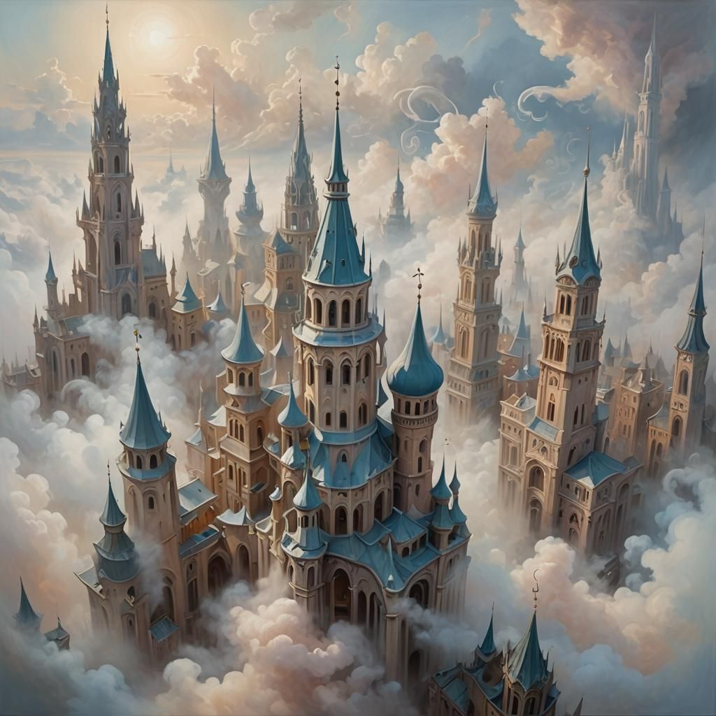 Dreamlike Cityscape in a Surrealist Oil Painting Style