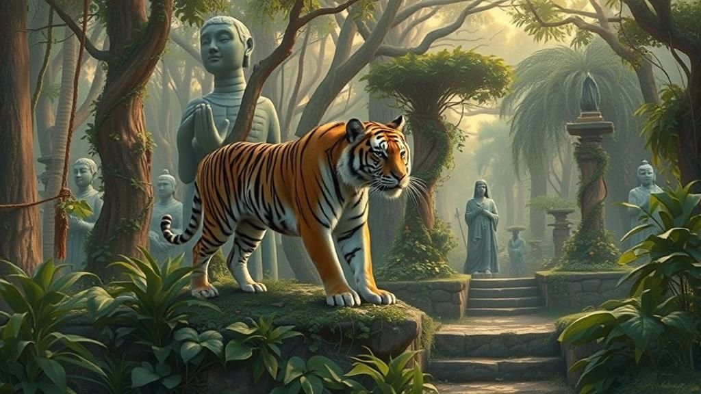 Tiger in Jungle with Ancient Statues