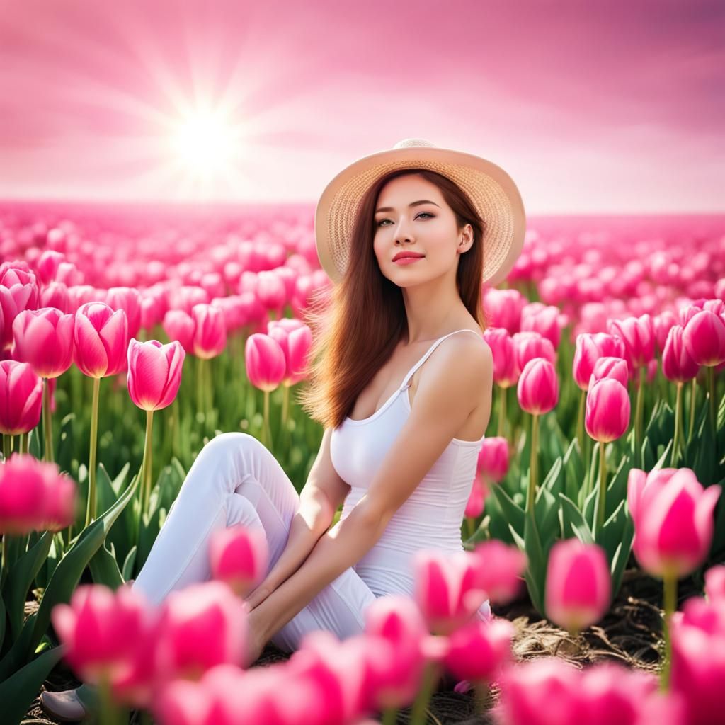 Breast Cancer Awareness: Woman in Pink Tulip Field