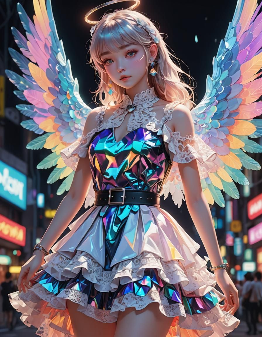 Psychedelic Iridescent Angel in Neon Anime Style