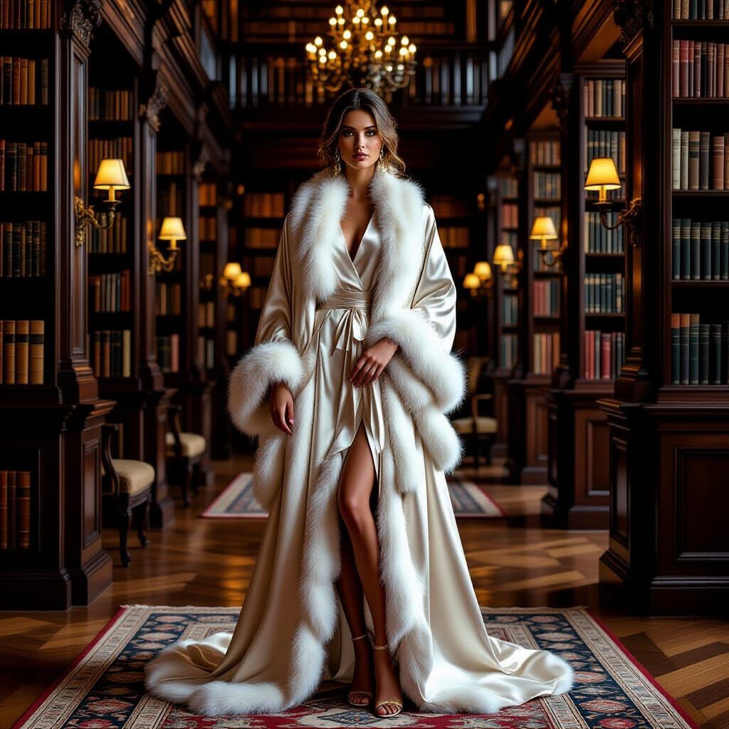 Elegance in a Grand Library: A Romantic Style Portrait
