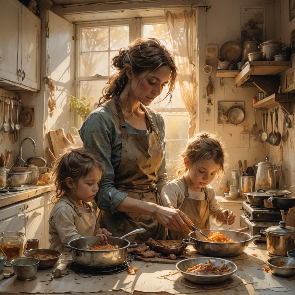 Mother and Child Cooking, Impressionistic Style