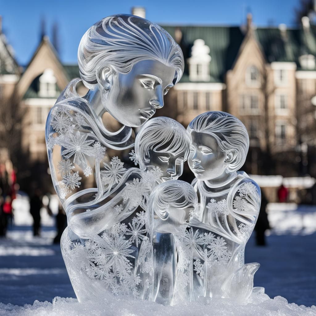 Ice Sculpture: Mother and Child with Flowers