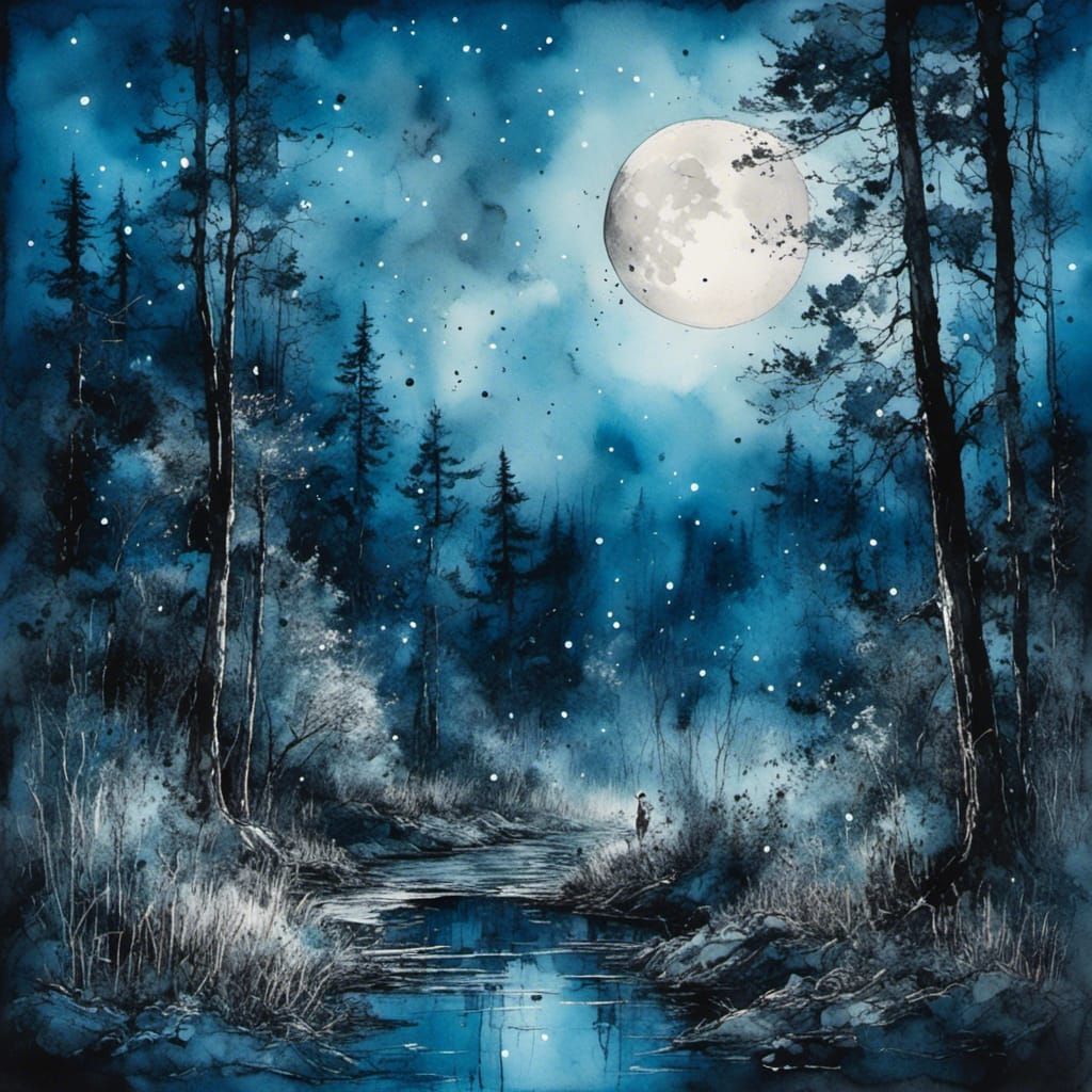 Gnome Watching Moonlight in Blue Watercolor