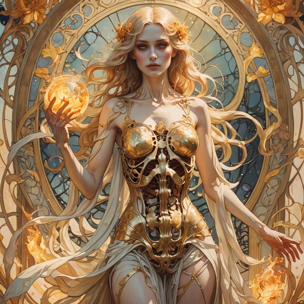 Golden Flame Woman in Art Nouveau Style