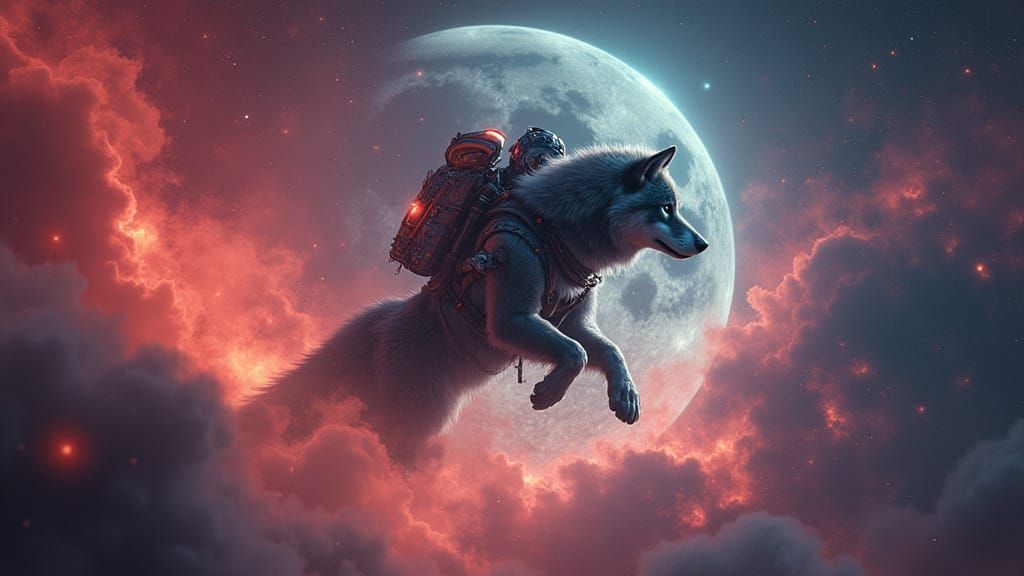 Blue Wolf Soaring Through Space Nebula in Astral Illustratio...