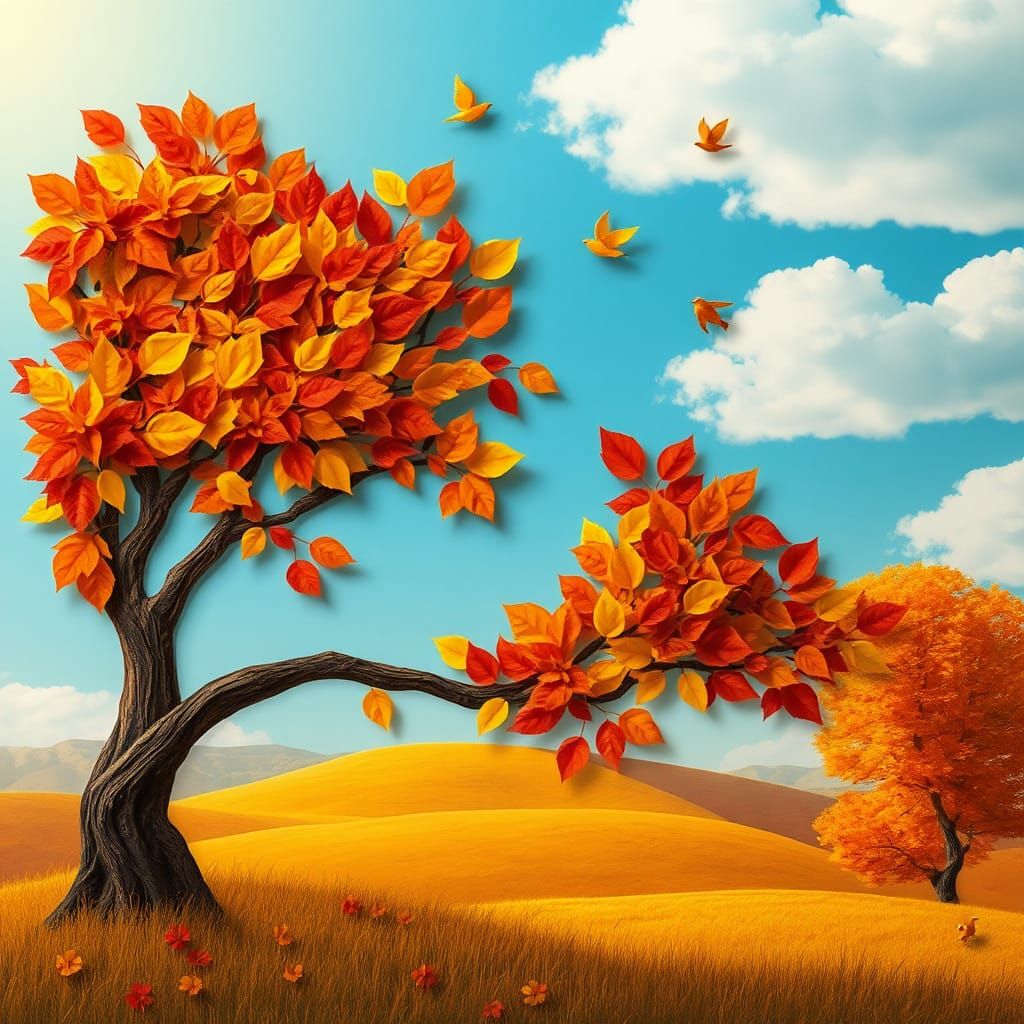 Vibrant Autumn Tree Composed of Layered Paper Leaves