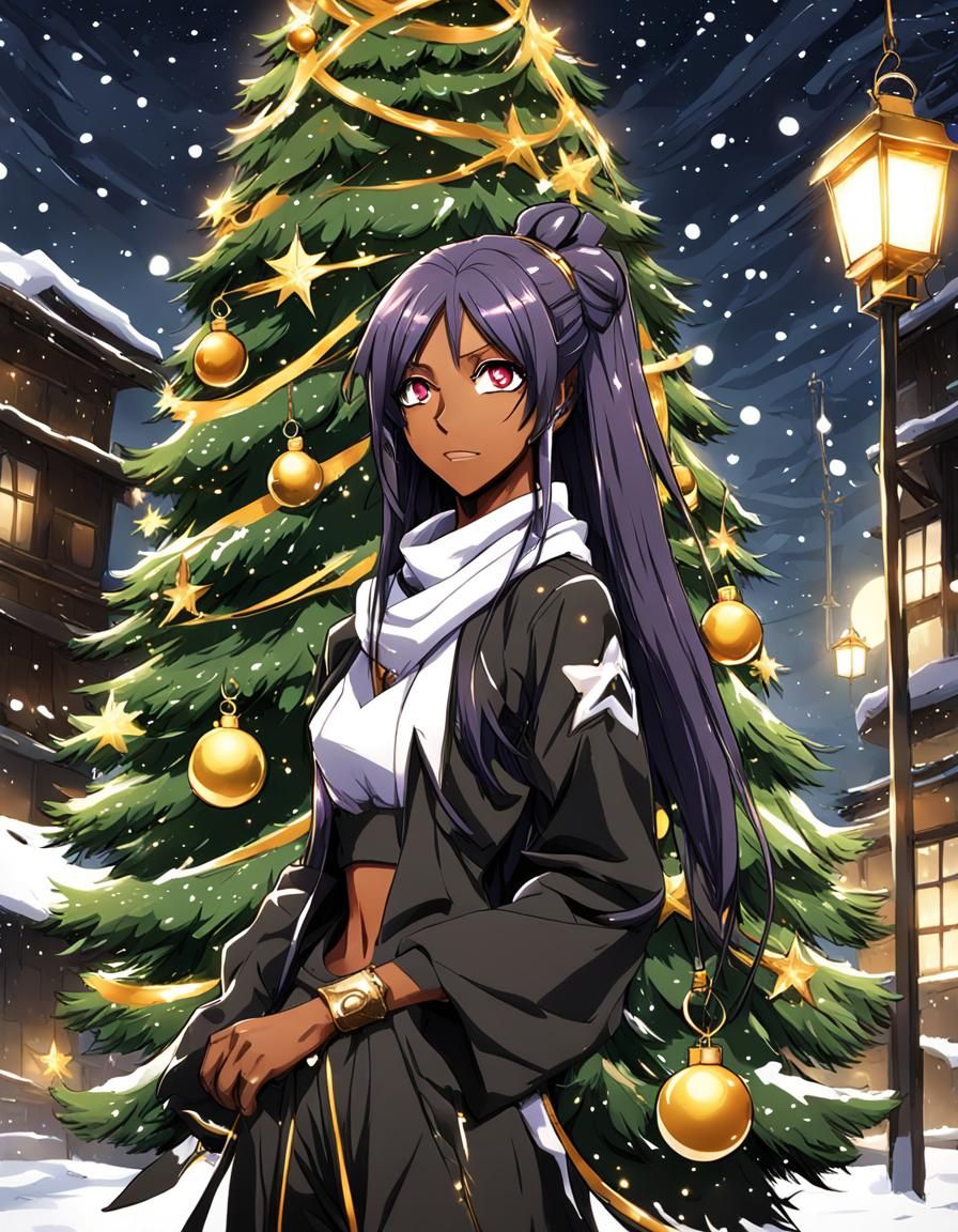 Yoruichi Shihouin with Christmas Tree in Anime Style