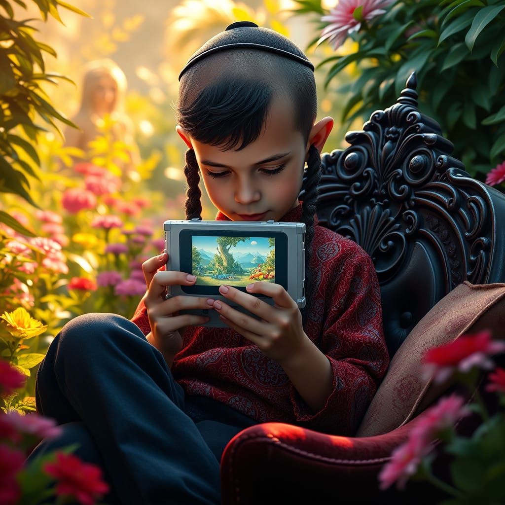 Hasidic Boy in Vibrant Garden, Lost in Fantastical World of....