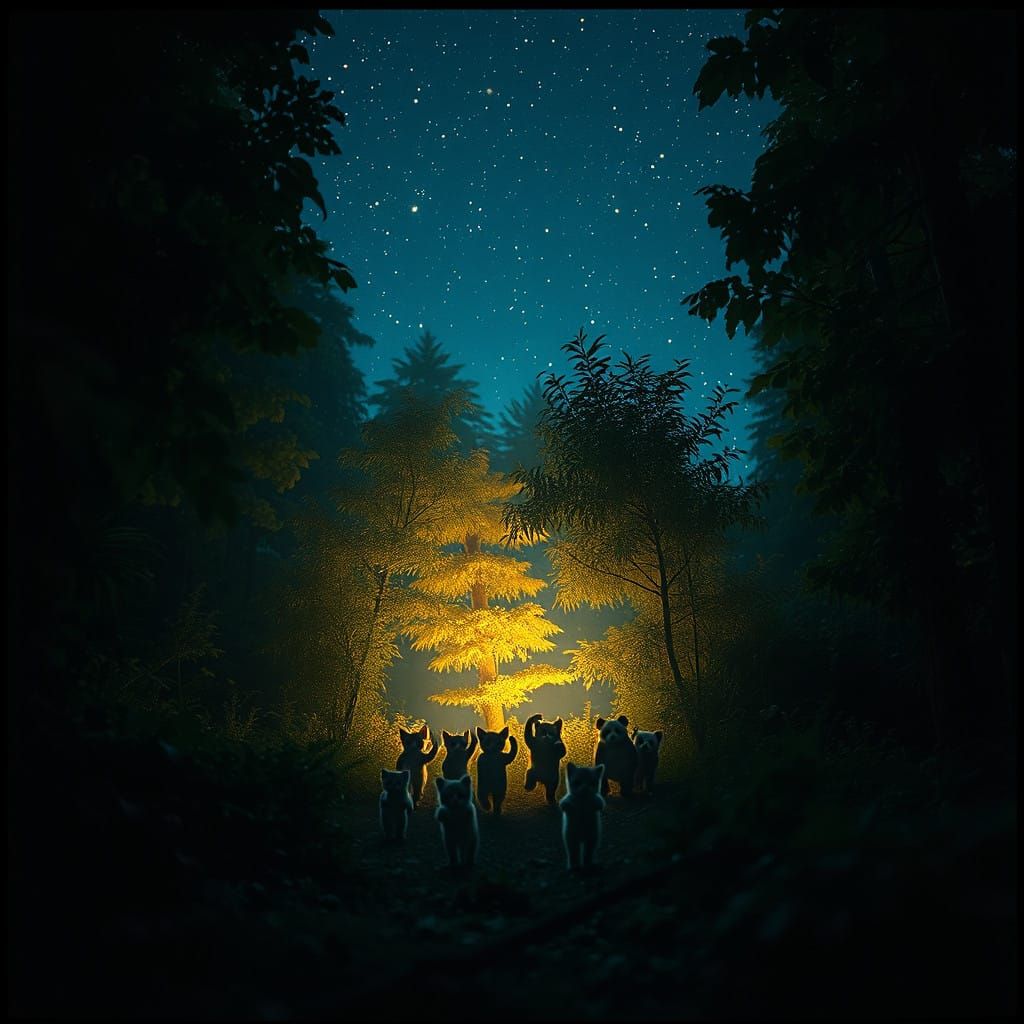 Whimsical Nighttime Forest Scene with Kittens and Pandas