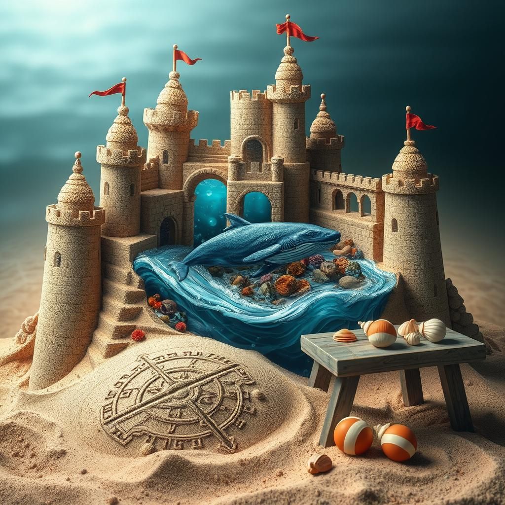 Intricate Sandcastle with Underwater Kingdom, Fantasy Art