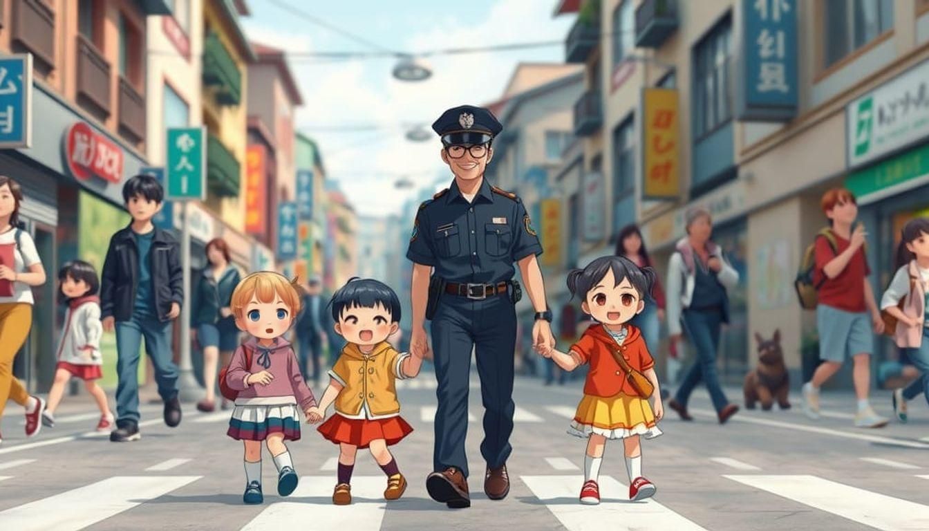 Anime Policeman Guides Children in Busy Town